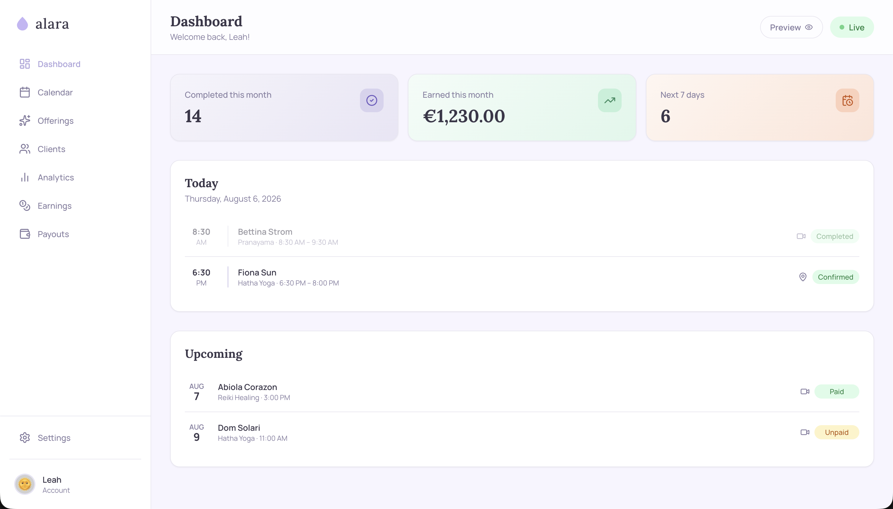 The Alara dashboard